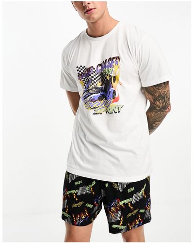 ASOS Pyjamaset Van T-shirt En Short Met Grafische Raceprint - Wit