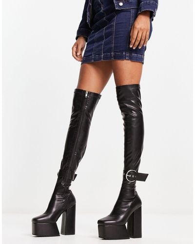 LAMODA Over The Knee Extreme Platform Boots With Buckle - Blue