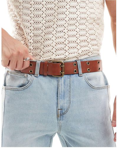 ASOS Faux Leather Belt With Roller Buckle And Eyelets - Blue