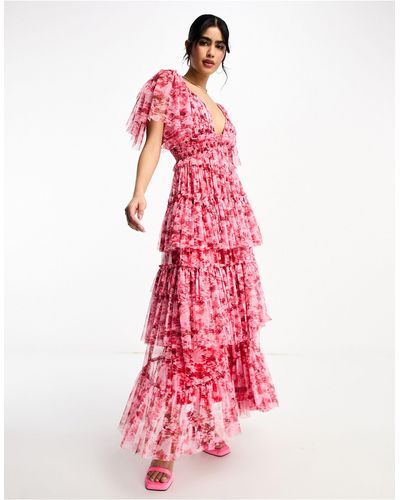 LACE & BEADS Exclusive Flutter Sleeve Ruffle Maxi Dress - Pink