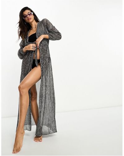 South Beach Metallic Plisse Maxi Beach Kimono - White