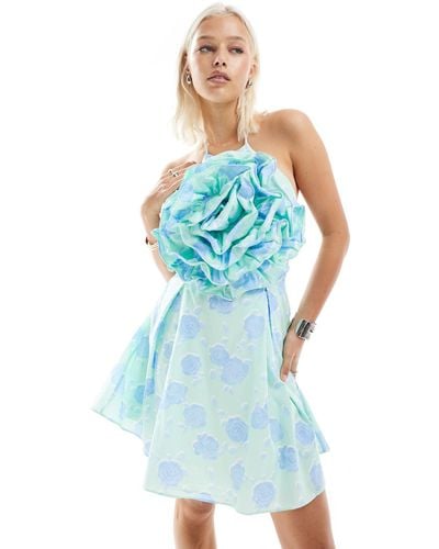 Glamorous Halter Neck Mini Dress With Oversized Flower Front - Blue
