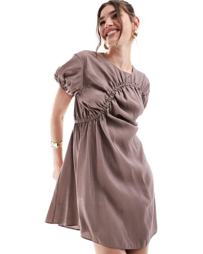 ASOS Puff Sleeve Mini Smock Dress With Ruching Detail - Brown