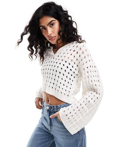 Miss Selfridge Open Stitch Crochet Long Sleeve Polo Sweater - White