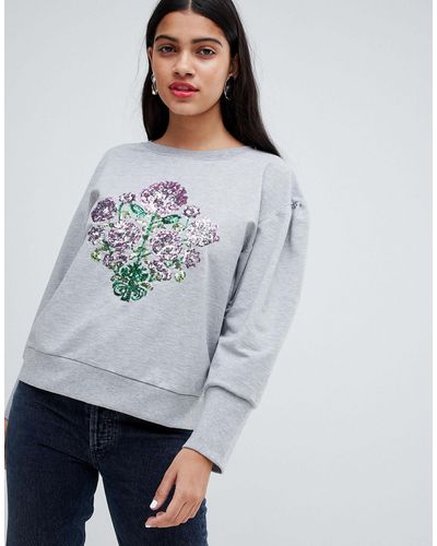 Chorus Mutton Sleeve Sweater With Sequin Floral - Gray
