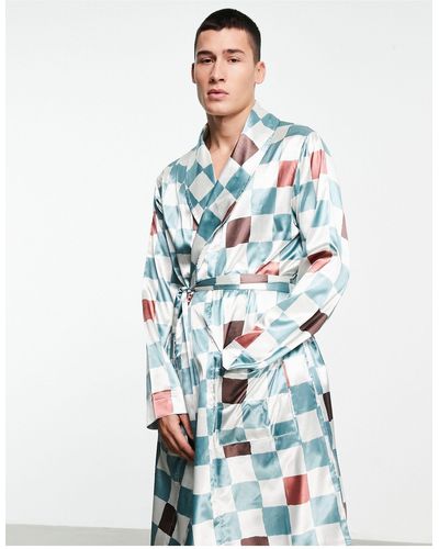 ASOS Satin Dressing Gown With Check Print - Blue