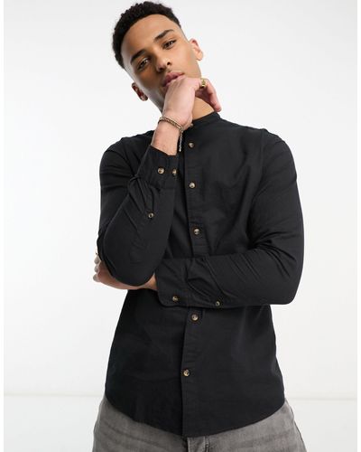 Jack & Jones Essentials Linen Shirt With Grandad Collar - Black