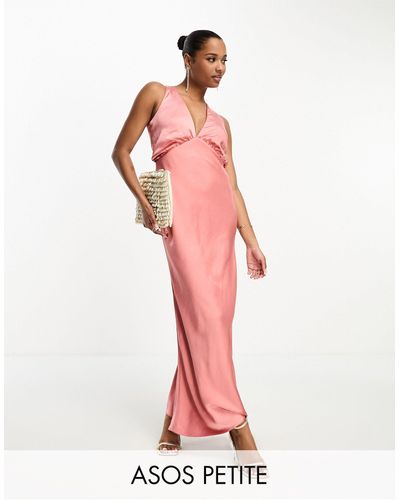 ASOS Asos Design Petite Satin Plunge Slouchy Maxi Dress - Pink