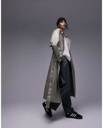 TOPSHOP Long-line Popper Trench Coat - Gray