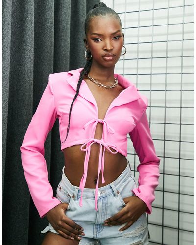 Naanaa Tie Front Cropped Blazer - Pink