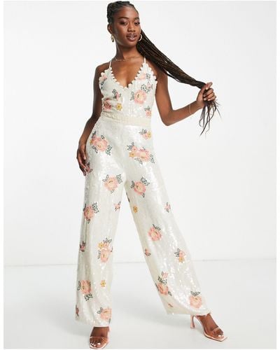 Miss Selfridge Premium - tuta jumpsuit a fondo ampio avorio decorata con fiori - Neutro