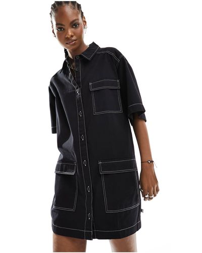 Collusion Twill Mini Pocket Shirt Dress With Contrast Stitch Detail - Black