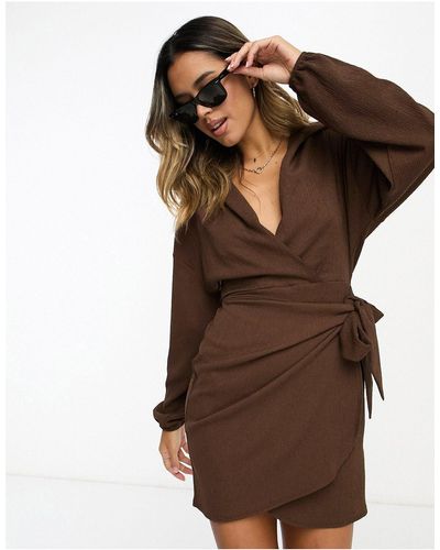 ASOS Textured Long Sleeve V Neck Wrap Mini Dress - Brown