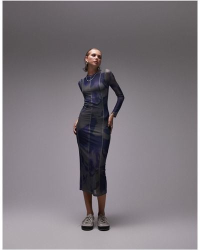 Topshop Unique Mesh Midi Dress With Overlocked Seams - Gray