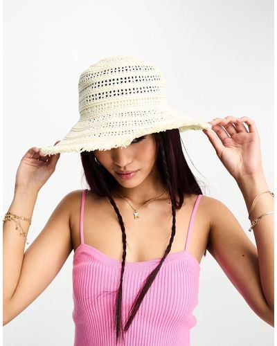 Threadbare Straw Hat With Frayed Edge Detail - Pink