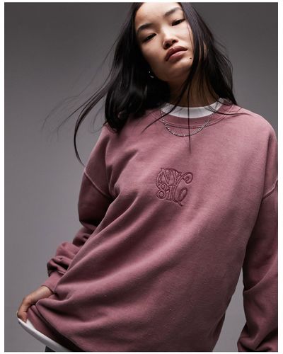 TOPSHOP Graphic Nyc Embroidered Chain Stitch Vintage Wash Oversized Sweat - Purple