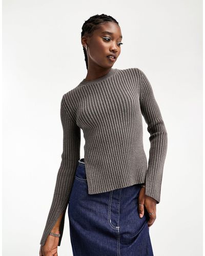 Weekday Rora Ribbed Knitted Sweater With Side Splits - Gray