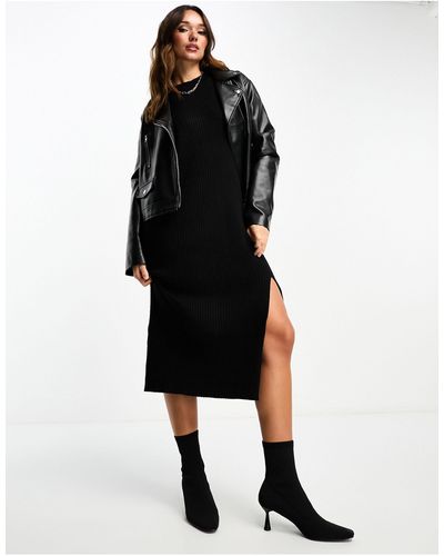 EDITED Long Sleeve Knitted Midaxi Dress With Split - Black