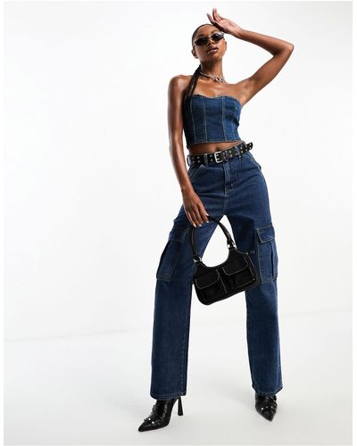 In The Style Exclusive Denim Cargo Wide Leg Jeans Co-ord - Blue