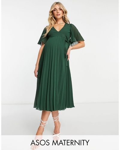 ASOS Asos Design Maternity Exclusive Pleated Midi Dress With Kimono Sleeve And Tie Waist - Green
