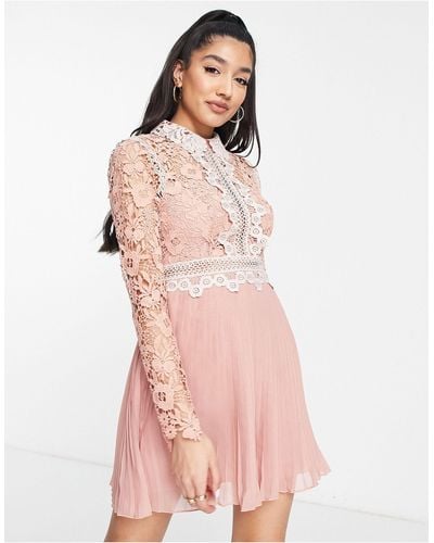 ASOS Lace Mini Dress With Collar Detail And Pleated Skirt - Pink