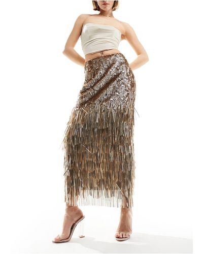 Miss Selfridge Premium Sequin Tasselled Maxi Skirt - Natural