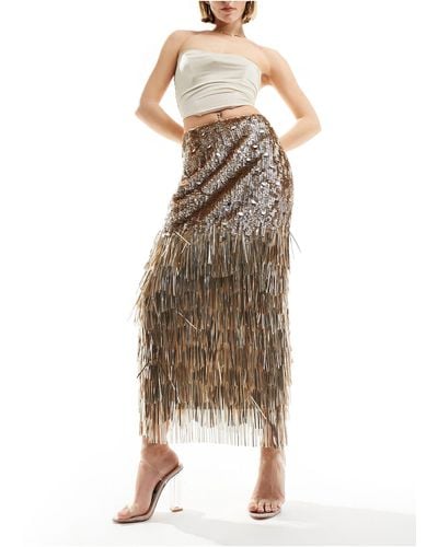 Miss Selfridge Premium Sequin Tasseled Maxi Skirt - Natural