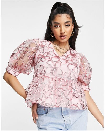 Pieces Premium Embroidered Floral Puff Sleeve Peplum Top - Pink