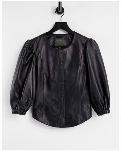 Muubaa Volume Sleeve Collarless Leather Top - Black