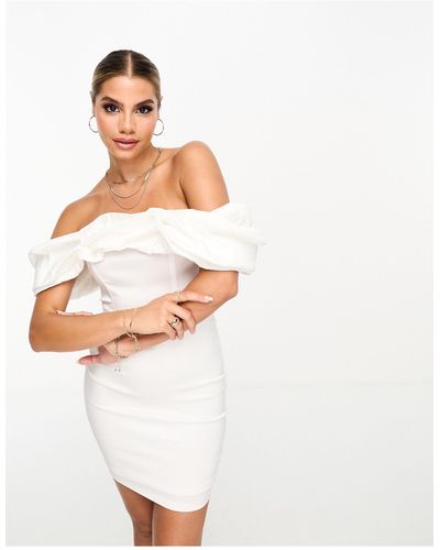 Naanaa Bardot Mini Dress With Oversized Frill Detail - White