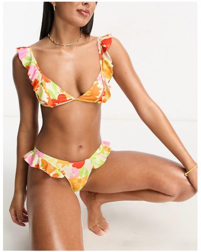 Miss Selfridge – bikinioberteil mit leuchtendem, gemaltem blumenmuster und rüschen - Orange