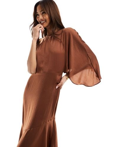 ASOS Satin Flutter Sleeve Asymmetric Hem Midi Dress - Brown