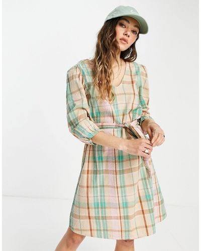 ONLY Mini Smock Dress With Volume Sleeve And Tie Waist - Green