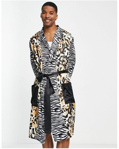 ASOS Co-ord Satin Dressing Gown With Spliced Animal Print - Multicolor