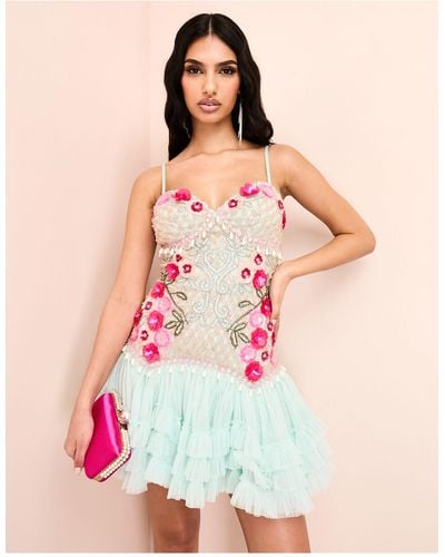 ASOS 3d Floral Pearl Embellished Mini Dress With Tulle Skirt - Multicolour