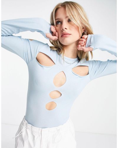 Daisy Street Long Sleeve Bodysuit With Extreme Cut Outs - Blue