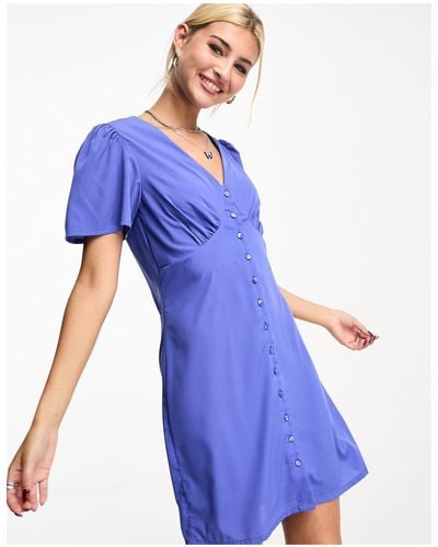 Noisy May V-neck Button Down Mini Dress - Blue