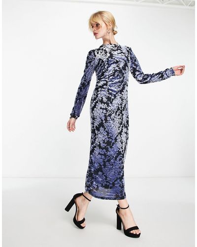 SELECTED Floral Devore Velvet Long Sleeve Midi Dress - Blue