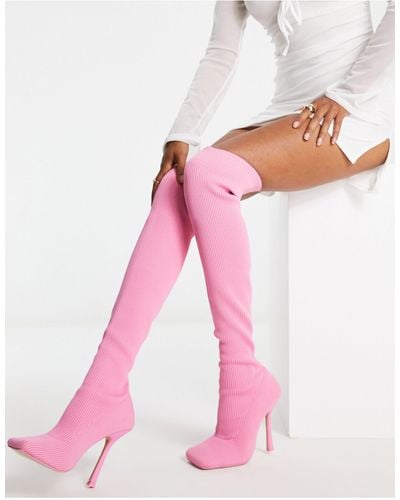 Public Desire Bubbles Over The Knee Knitted Stiletto Boots - Pink