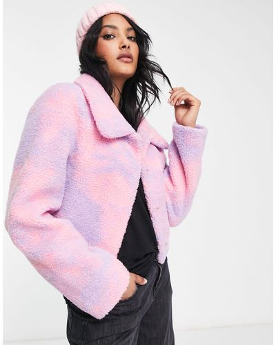 Unreal Fur Contrast Collar Faux Fur Cropped Jacket - Pink