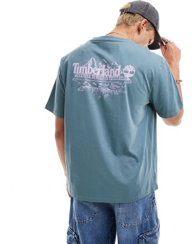 Timberland T-shirt oversize blu con stampa grande di montagne sulla schiena