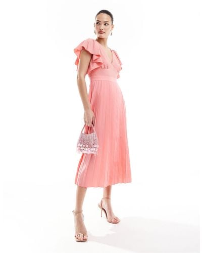 Little Mistress Lace Detail Midaxi Flutter Sleeve Dress - Pink