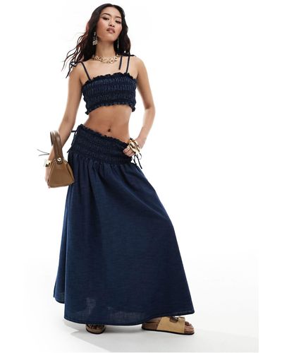 ASOS Soft Denim Maxi Skirt With Ruched Waist - Blue