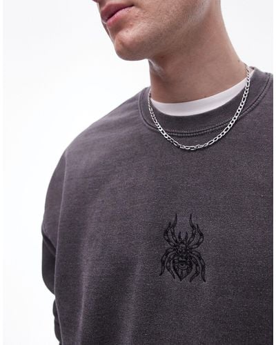 TOPMAN Oversized Fit Sweatshirt With Spider Tattoo Embroidery - Grey