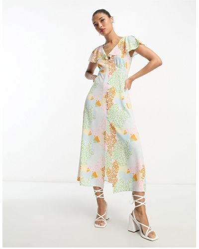 ASOS Flutter Sleeve Midi Tea Dress With Buttons - Multicolour