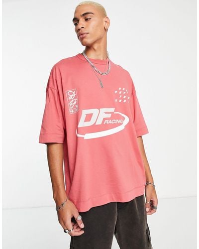 ASOS Asos Dark Future Oversized T-shirt With Front And Back Racing Graphic Gloss Prints - Red