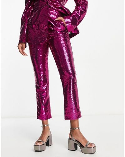 ASOS Sequin Slim Straight Suit Trousers - Pink
