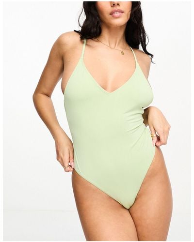 Vero Moda Cross Back Swimsuit With High Leg - Green