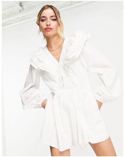 In The Style X Lorna Luxe exaggerated Frill Detail Volume Sleeve Playsuit - White