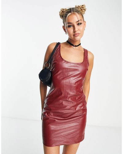 Rebellious Fashion Leather Look Ruched Mini Dress - Red